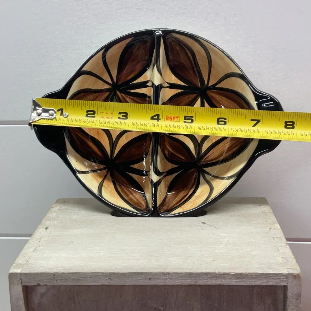 Manureva Tahiti Hand Painted Ceramic Divided Serving Dish Floral Brown Tan Black